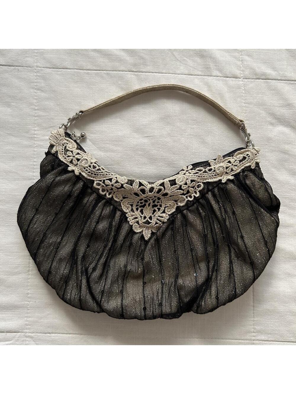 Cache Cache Black Beige Lace Applique Mesh Sequin Shoulder Bag Japan